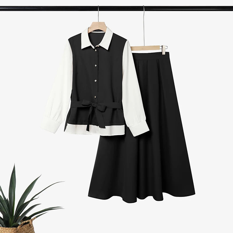 ZANZEA Autumn Outfits Elegant Long Sleeve Patchwork Blouse A Line Pleated Maxi Skirt Suit Women Muslim Two Piece Sets Ramadan