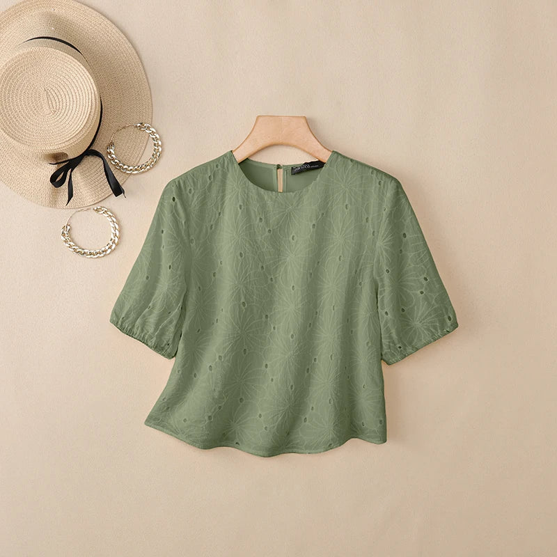 ZANZEA Woman Openwork Embrodiered Blouses Casual O-Neck Short Puff Sleeve Solid Color Tops 2026 Summer Patchwork Blusas de Mujer