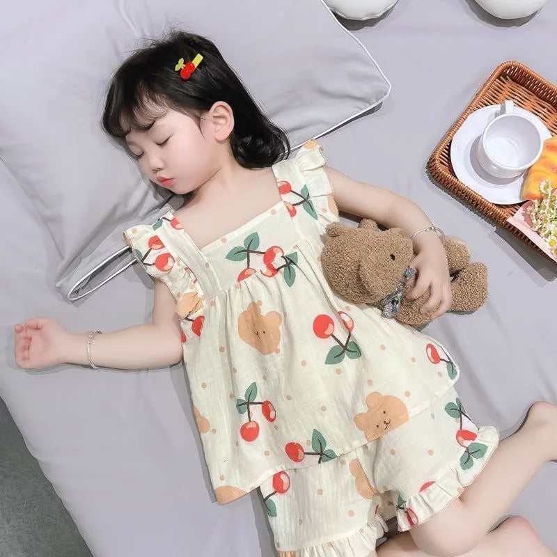 Summer Lightweight Cartoon Cherry Bear Pajamas Set Tank Top and Shorts for Women Girls Kids Baby Loungewear
