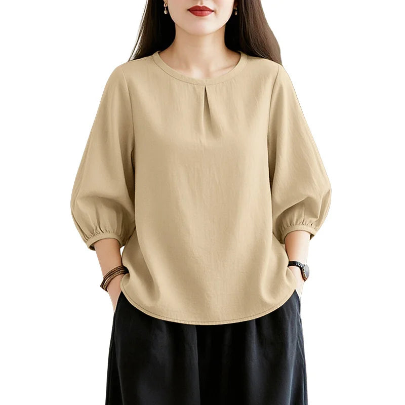 ZANZEA Summer 2026 Pleats Detailing Blouses Women O-Neck 3/4 Puff Sleeve Solid Color Tops Daily Casual Plain Blusas de Mujer