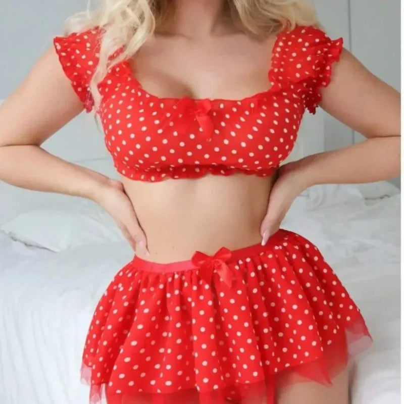 Women's Sexy Polka Dot 2 Piece Lingerie Set, Off Shoulder Mesh Tulle Skirt with Garter Straps for Nightwear