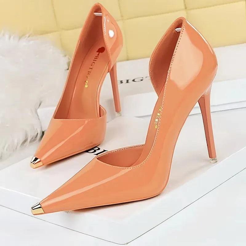 Patent Leather Shoes Women Pumps Metal Tip High Heels 7 Cm And 10.5 Cm Stilettos Sexy Party Shoes Kitten Heels Lady Office Shoes