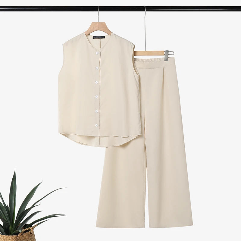 ZANZEA Summer Women 2 Pieces Sets Casual Solid Color OL Work Outfits O Neck Sleeveless Tanks Tops Pants Suit Loose Matching Sets