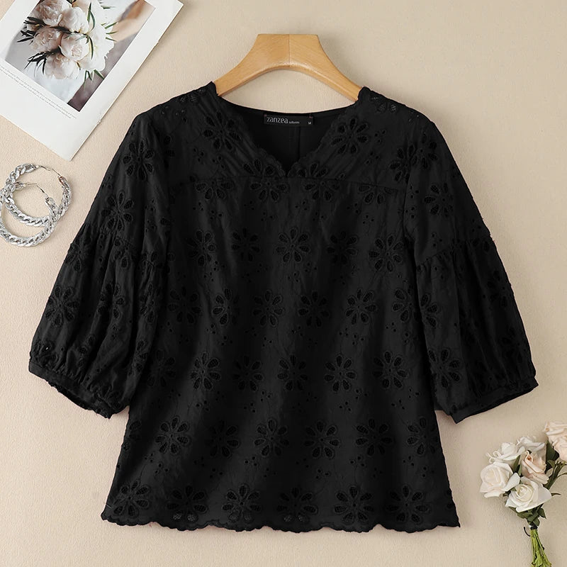 ZANZEA 2026 Eyelet Embroidery Blouses Woman V-Neck Lantern Sleeves Solid Patchwork Tops Summer Casual Vacation Daily Wear Blusas