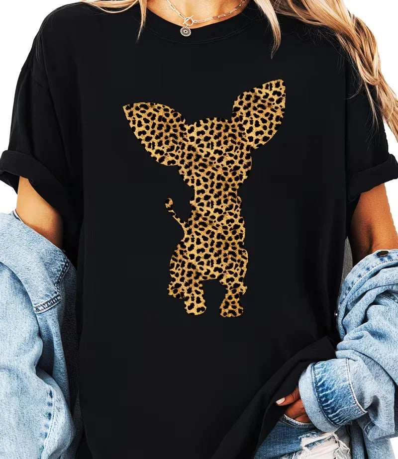 Chihuahua Leopard Print Dog Outline, Printed T-Shirt Short-Sleeve Round Neck Casual Top, for Summer And Spring, Women'S Clothing