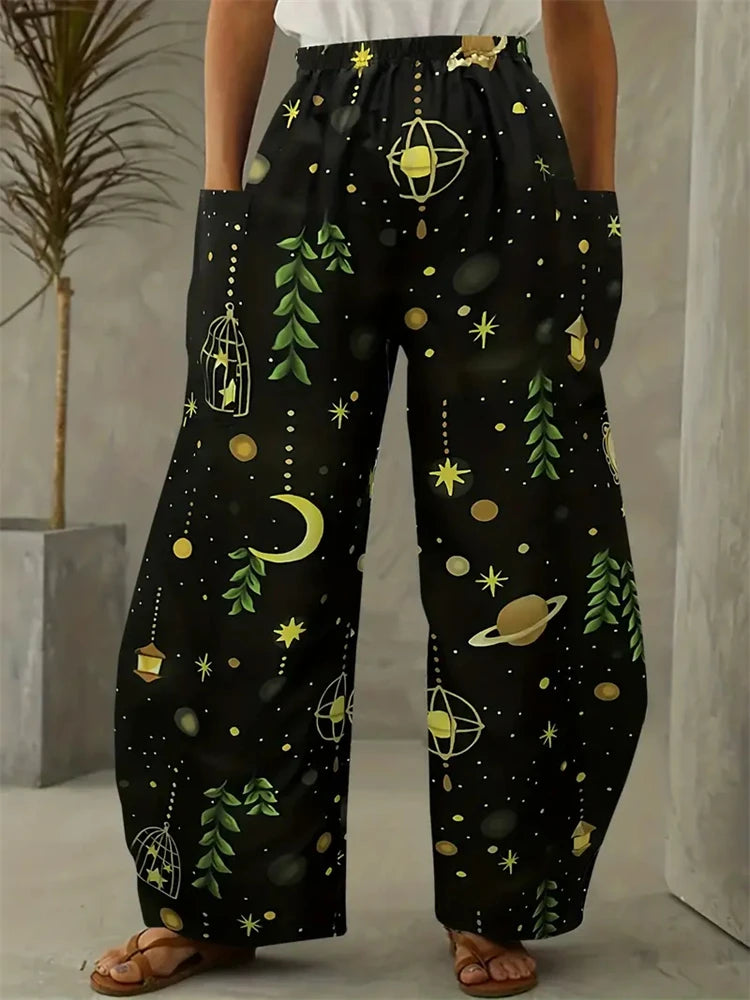 Women's Fashion New Wide-legged Pants Elegant 3d Sun, Moon And Star Printed Pants Women's Street Vintage Pants With Pockets