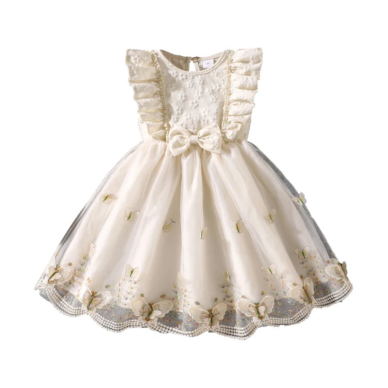 Dress For Girls Yellow O-Neck Fly-Sleeve Tulle Bowknot 8-12 Years Summer Elegant Sweet Style Princess Dress Kids Clothing