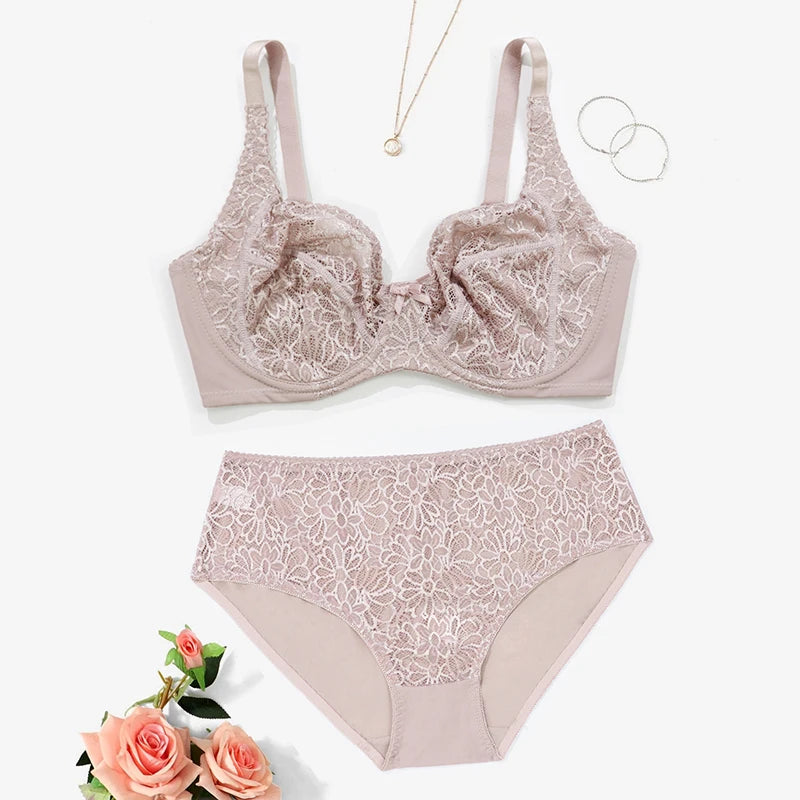 BEAUWEAR Female Big Size Lace Lingerie Set Bra with Wire Unlined Thin Breathable Bra and Panties Set 85C-110E