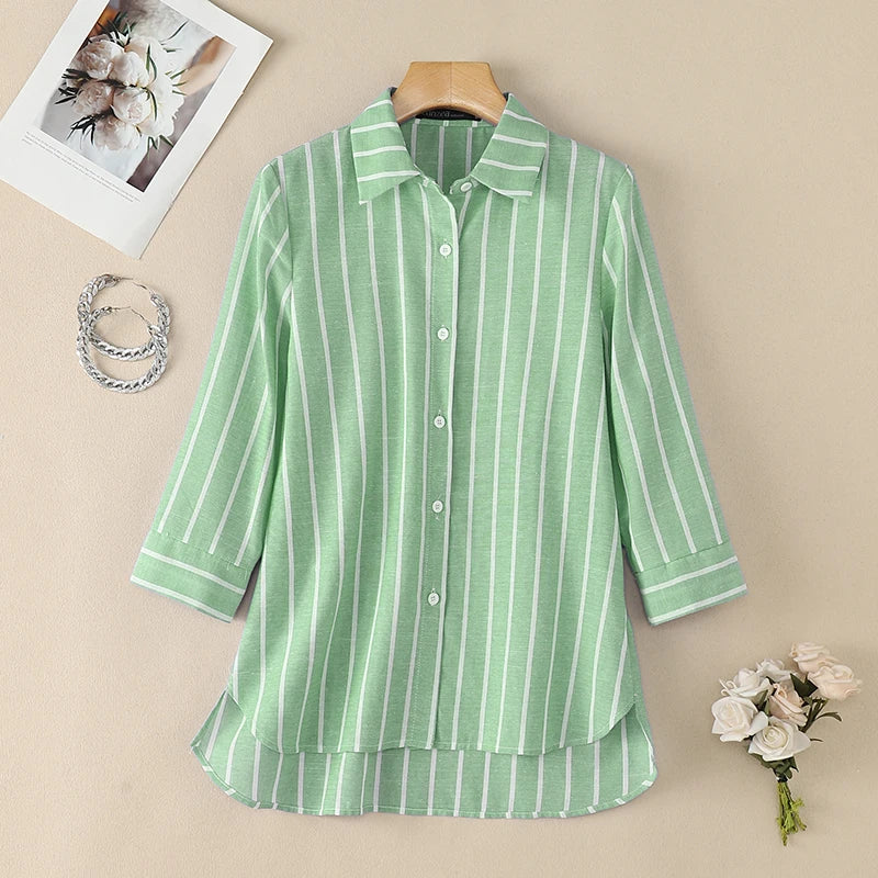ZANZEA 2026 Woman Striped Shirts Turn-Down Collar 3/4 Sleeve Button Up High-Low Blouses Autumn Casual Commute Work Chemise Femme