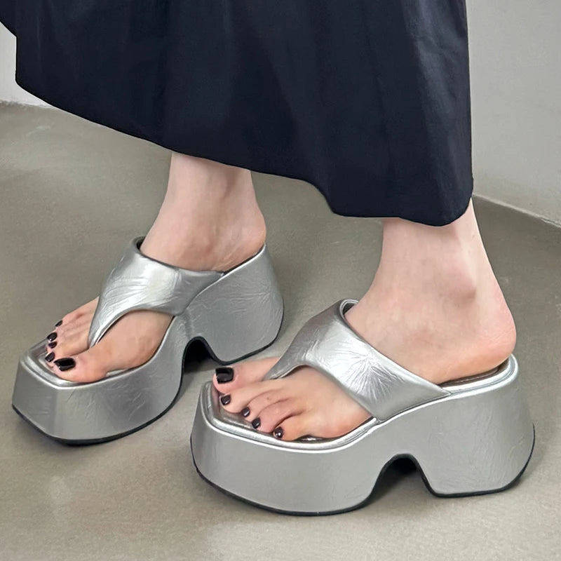 Platform Slippers Shoes For Ladies Heels Female Square Toe Footwear Wedges Flip Flops Pumps Women Slippers Fashion Slides Shoes
