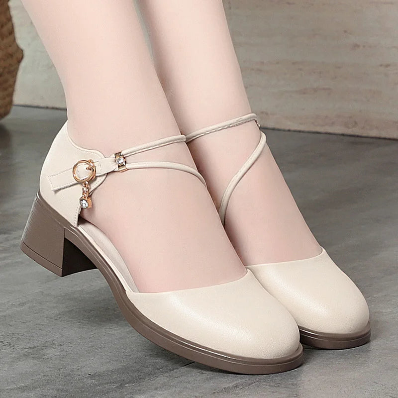 2025 New Sandals Women's Mid-Heel Soft Leather Shoes Thick Heel Summer One-Button Hollow Comfortable And Elegant Mother's Shoes
