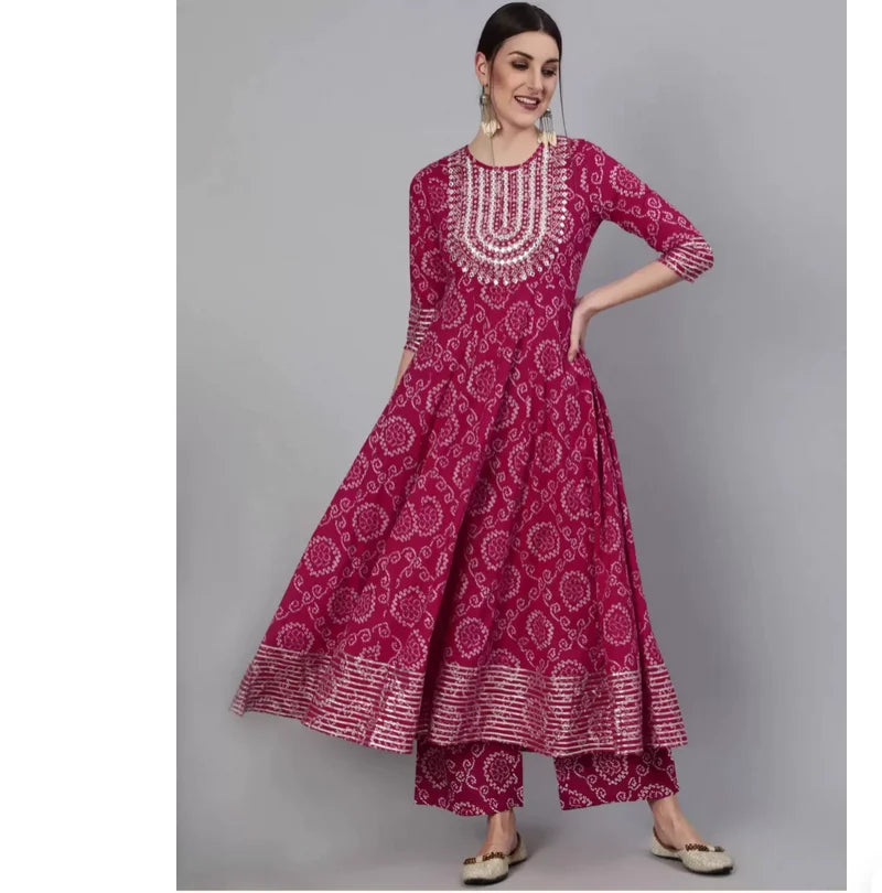 Indian Pure Cotton Rose Red Printed Women's 3-Piece Set for Spring and Summer