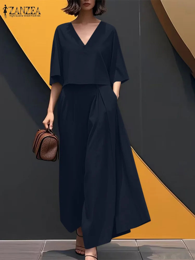 ZANZEA Summer Women Two Pieces Sets 2PCS Outfit V-Neck 3/4 Sleeve Blouse Wide Leg Trousers Suit Casual Solid Work Tracksuit 2025