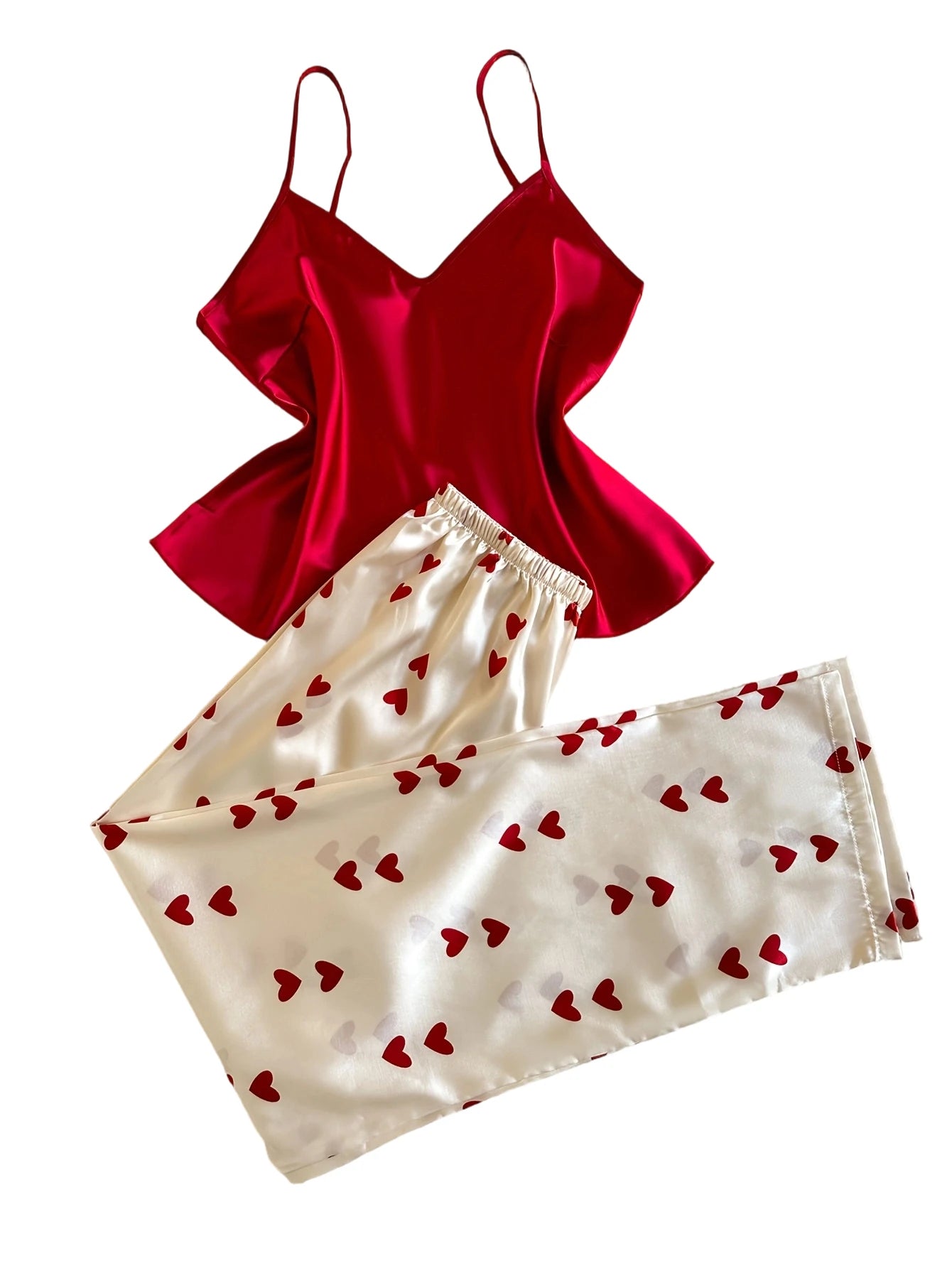 New V Neck 2 piece Women's Pajamas with Contrast Color Solid Top with Heart Printed long Pants Casual Sleepwear Set for Ladies