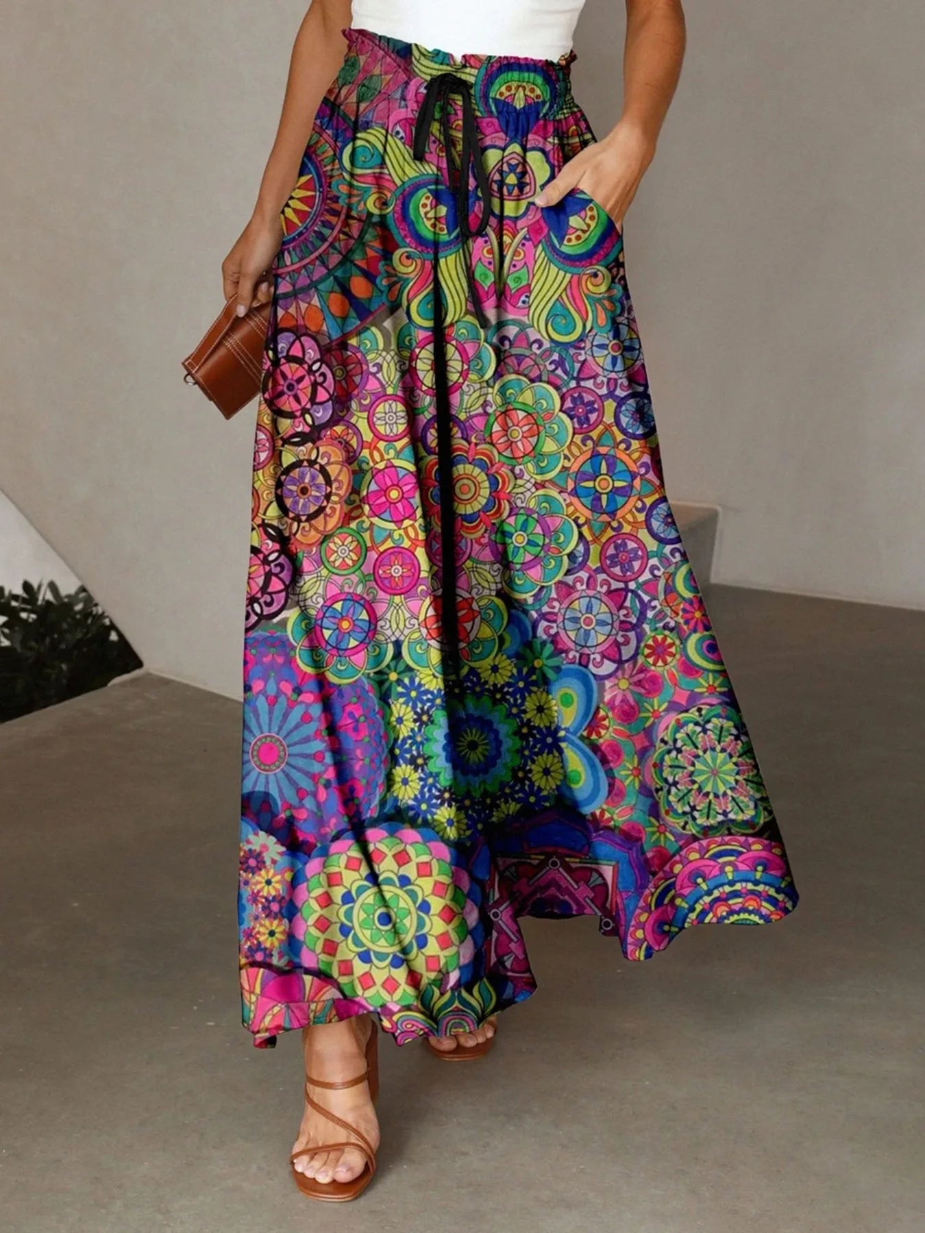 Colorful Feather Printed Wide Leg Pants Women's Elapsed Waist Pleated Pocket Design Loose Draped All-match Casual Pants