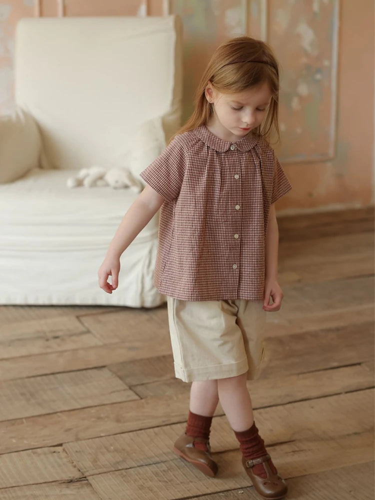 Kids Girl Summer Shirt 2026 Korean Inspired Plaid Peter Pan Collar Short Sleeve Blouse Cute Casual Top for Baby Toddler