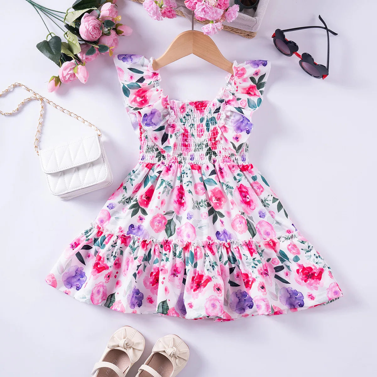 Summer Kids Girls Sweet Floral Dress with Ruffled Sleeves Smocked Waist Perfect Children Dresses Western Style Baby Clothes