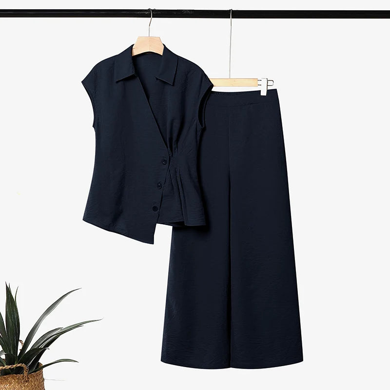 ZANZEA Summer Outfits Sleeveless V-Neck Tanks With Wide Leg Pants Elegant Women 2 Pieces Sets Casual Solid Color Work Wear Suit