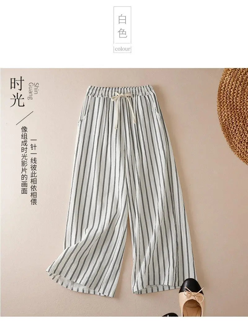 Women's Plus Size Spring and Summer Fashion Hot Selling Classic Black and White Contrast Stripe Casual Loose Cuffed Pants