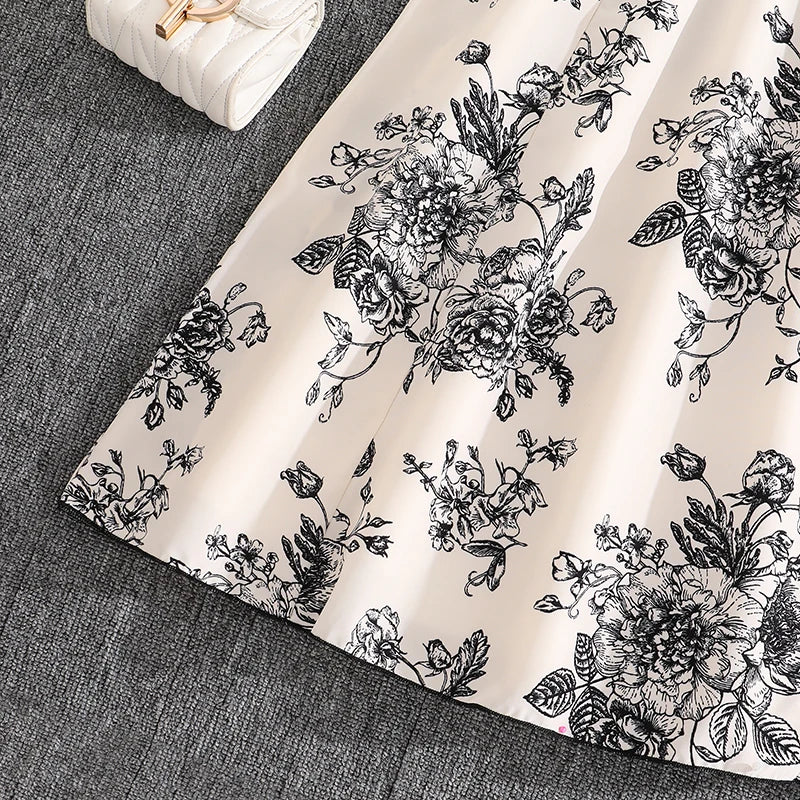 Girls 8-12 Black & White Floral Dress, Front Crew Neck Short Sleeve Belted Skirt/Back Plain Top & Skirt, Casual Daily Kids Dress