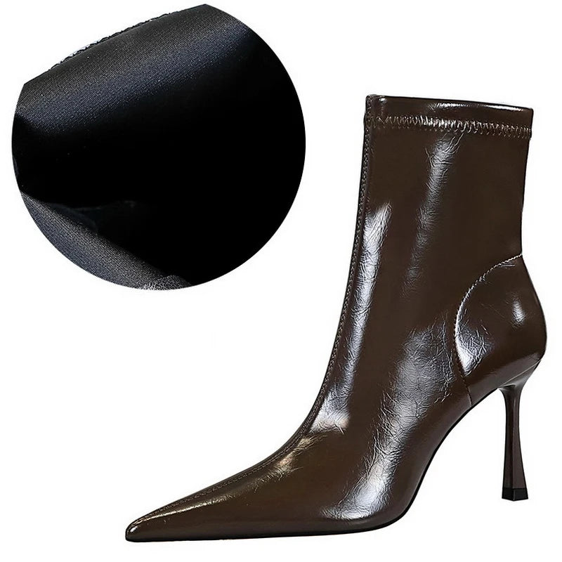 BIGTREE Shoes Women Leather Boots Sexy Women's Ankle Boots High Heels Plush Warm Autumn Winter Shoes Stilettos Short Boots Lady