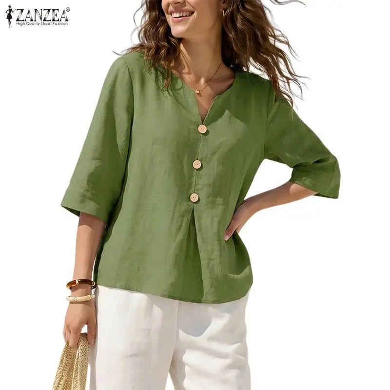 ZANZEA Women Breathable Cotton Linen Blouses V-Neck Half-Sleeve Loose Plain Tops Summer Daily Casual Vacation Beach Blusas Mujer