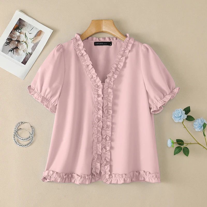 ZANZEA Elegant Ruffled Trim Blouses for Woman V-Neck Short Puff Sleeves Solid Color Tops Summer Casual Date Nights Blusas Mujer