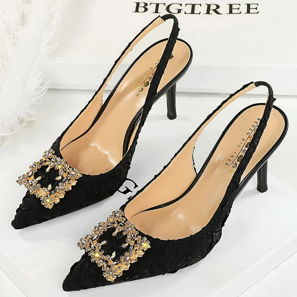 Luxury High Heels Women Shoes Summer Sandals Metal Rhinestone Square Buckle Women Pumps Stiletto Pleated Silk Women Sandals