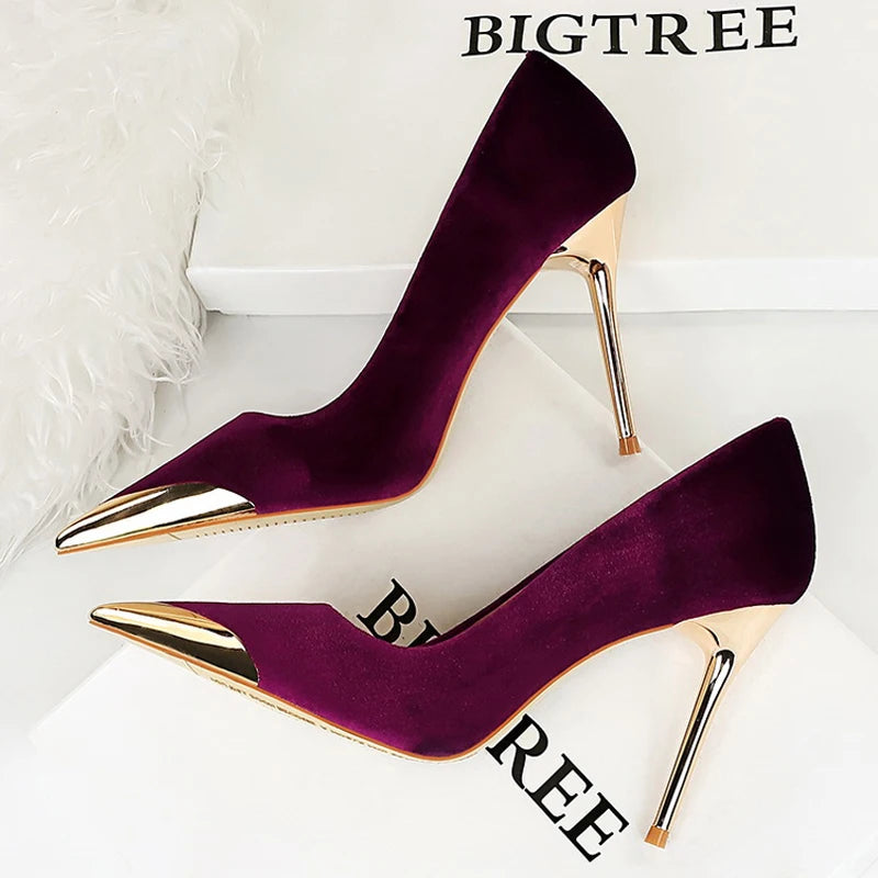 BIGTREE Shoes Luxury Women's Pumps Metal Pointed High Heels Fashion Stilettos Banquet Shoes Ladies Pumps Sexy Party Shoes Suede