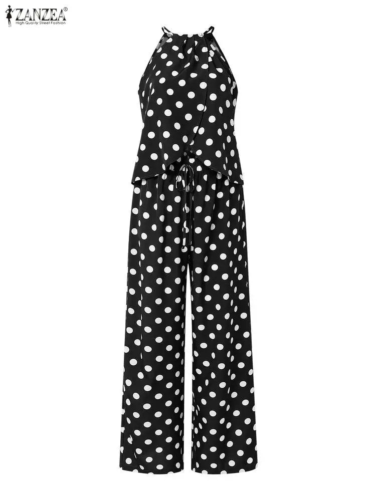 Stylish Women 2 Pieces Sets ZANZEA Polka Dots Holiday Outfits Summer Halter Sleeveless Tanks Tops Beach Pant Sets Streetwear
