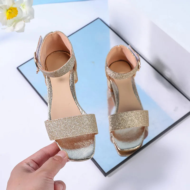 2025 Summer New Children's Sandals Fashion Girls' High Heels Silver Sequins Open Toed Girls' Princess Sandals