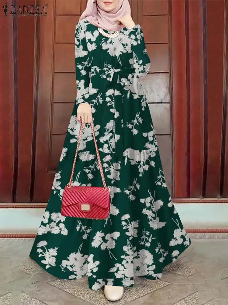 ZANZEA Vintage Muslim Long Dress Hijab Vestido Eid Mubarek Abaya Robe Women Long Sleeve Floral Printed Sundress Isamic Clothing