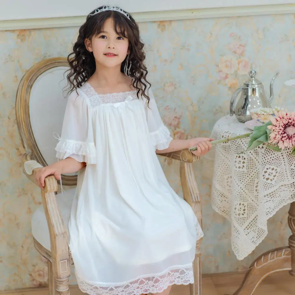 Girls Princess Long Nightgown Short Sleeve Lace Mesh Spring Summer Homewear Matching Family Pajamas Set
