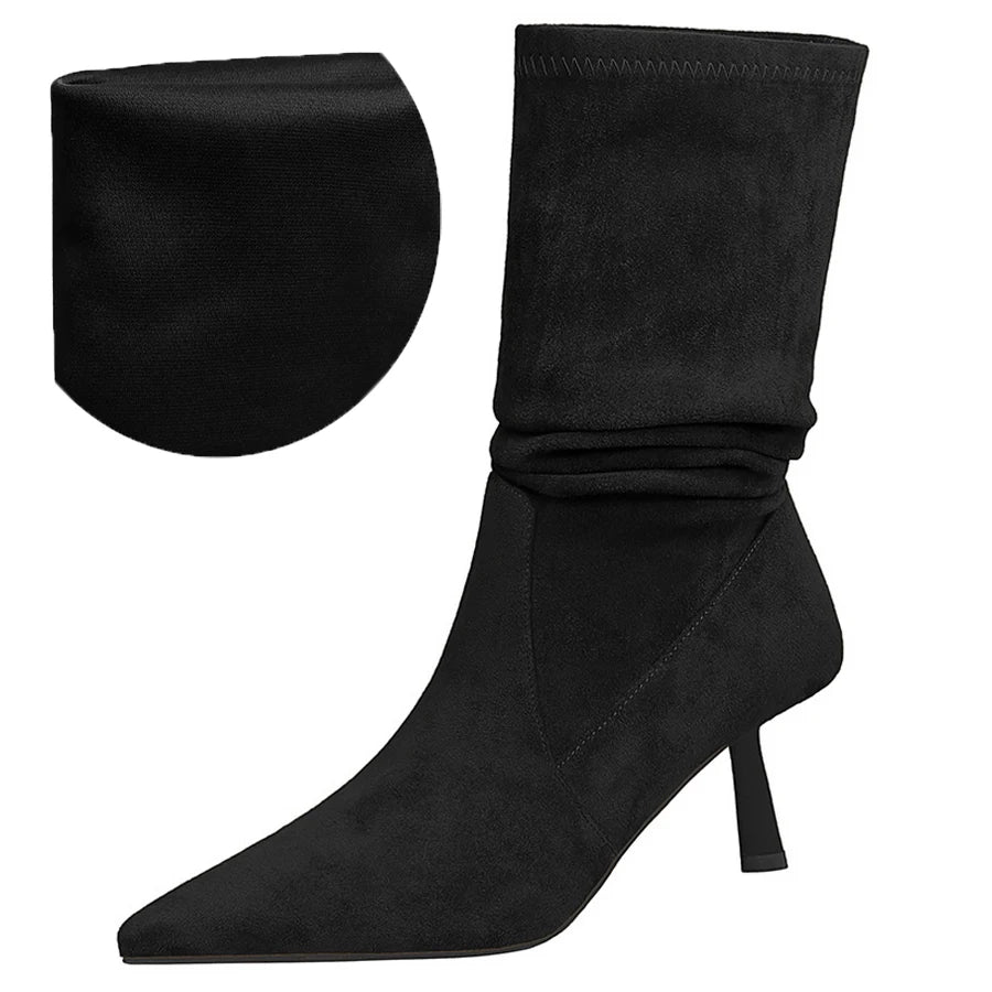 BIGTREE Shoes Women Pleated Elastic Boots Woman Stiletto 6.5 CM High Heel Boots Suede Ankle Boots Fashion Pointed Short Boots