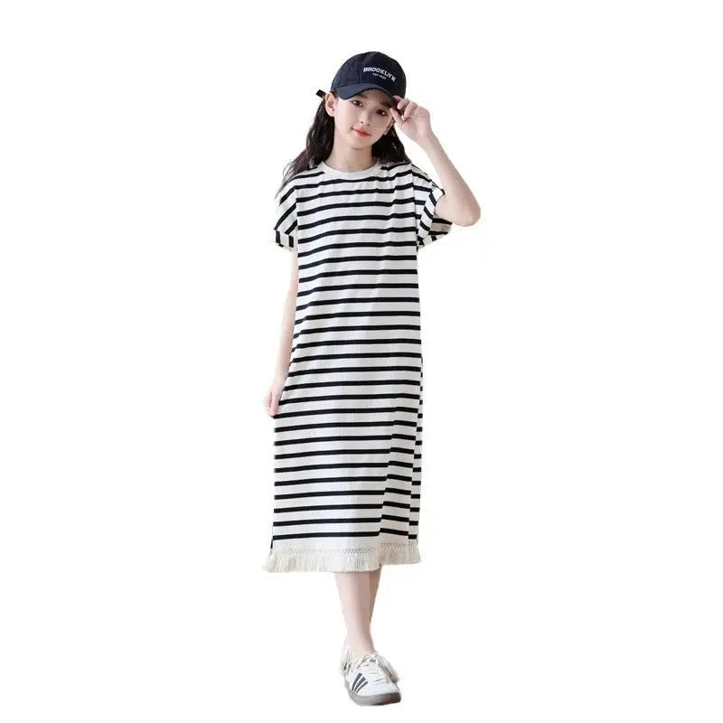 Casual Dress Short Sleeve Striped T-shirt Skirt Sunday Luxury Girl Frock for Girls 2025 Summer Clothes Girls' Beach Dresses Kids