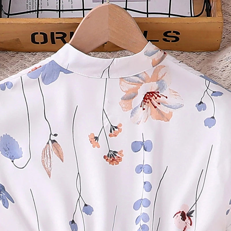 Kids Dress For 8-12 Years Girls White Crew Neck Sleeveless Floral Dress & Belt Elegant Beach Holiday Children's Clothing