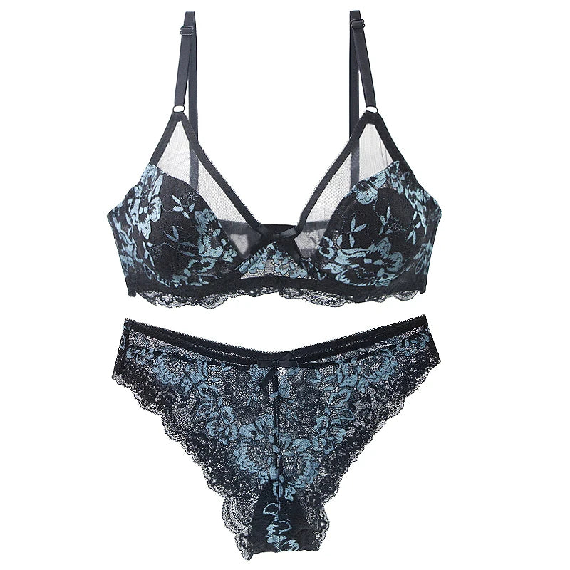 Ultra-Thin Thick Bra Sets 34/75 36/80 38/85 40/90 42/95 44/100 46/105 BCDE Cup Underwear Transparent Embroidery Lace Lingerie