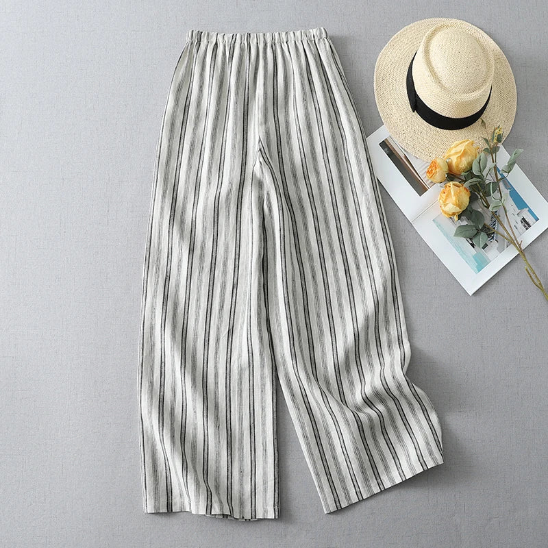 Limiguyue Vintage Soft Casual Wide Leg Linen Pants Women Summer Daily Loose Elastic Waist Long Striped Trousers Breathable T526