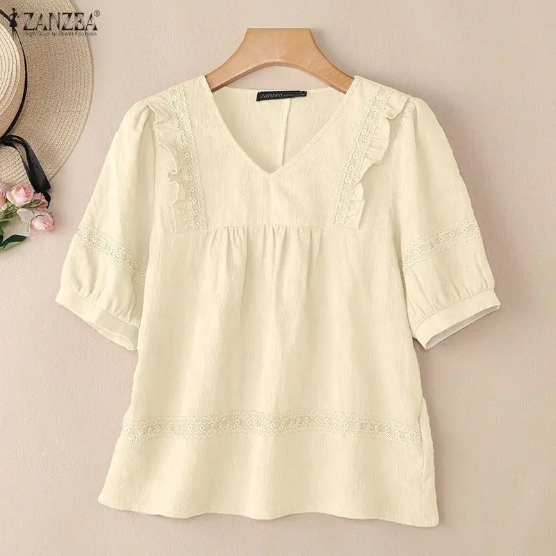 ZANZEA Women Blouse Lace Patchwork Tops Ruffles Tee Casual Summer V Neck Puff Half Sleeve Blusas OL Work Party Tunic Streetwear