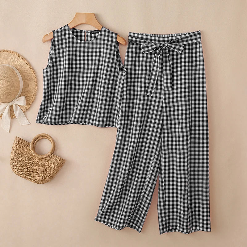 ZANZEA Women Summer Gingham 2 Piece Pant Sets Casual O-Neck Tank Top & Belted Pant Suits Everyday Wear Commute 2pcs Sets Outfits