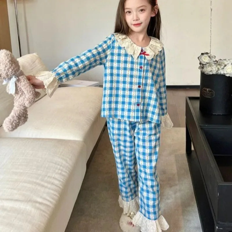 Spring Autumn Girls' Cloud Cotton Pajama Set with Lace Trim Medium Large Kids' Striped Plaid Homewear Casual Outfit