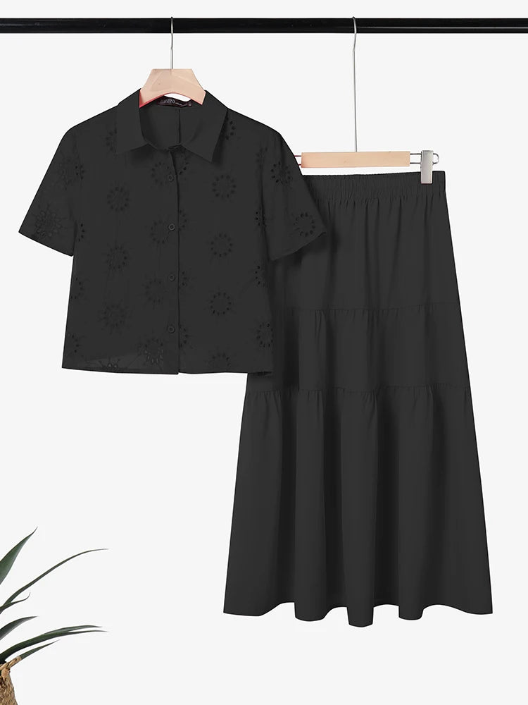 ZANZEA Elegant Short Sleeve Hollow Out Shirt Dress Sets Women 2 Piece Sets Summer Outfits 2026 Stylish Solid OL Work Skirt Suit