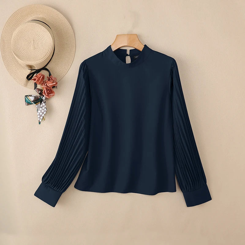 ZANZEA Women's Elegant Chic Blouses Mock Neck Pleated Long Puff Sleeves Solid Color Tops 2026 Minimalist Casual Woman Clothes