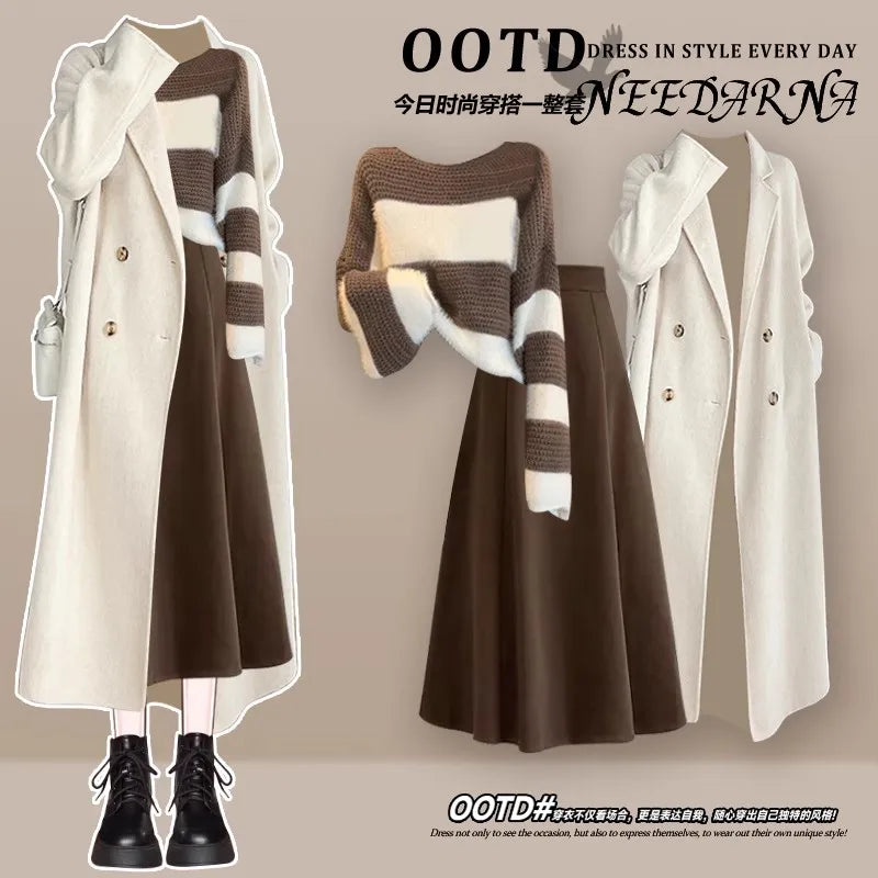 Fashion Women's Set Spring and Autumn Korean Edition Long Top Knitted Sweater+Casual Skirt Pants 3-Piece Set