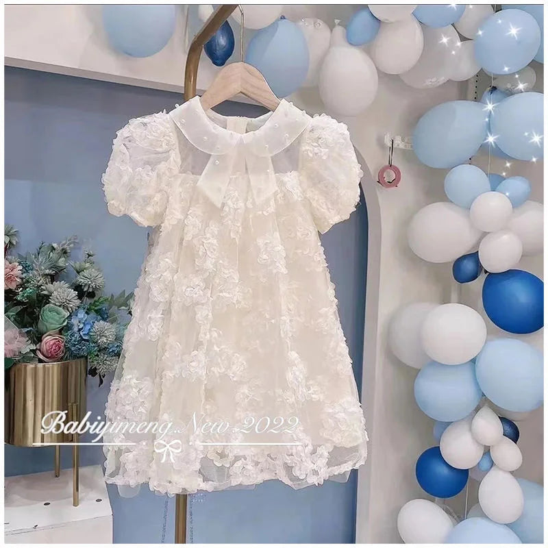 Baby Girls 3D Flowers Dress Summer Beaded Collar Princess Dress Fashion Kids Birthday Party Gown Children Clothes Vestidos 2-8 Y