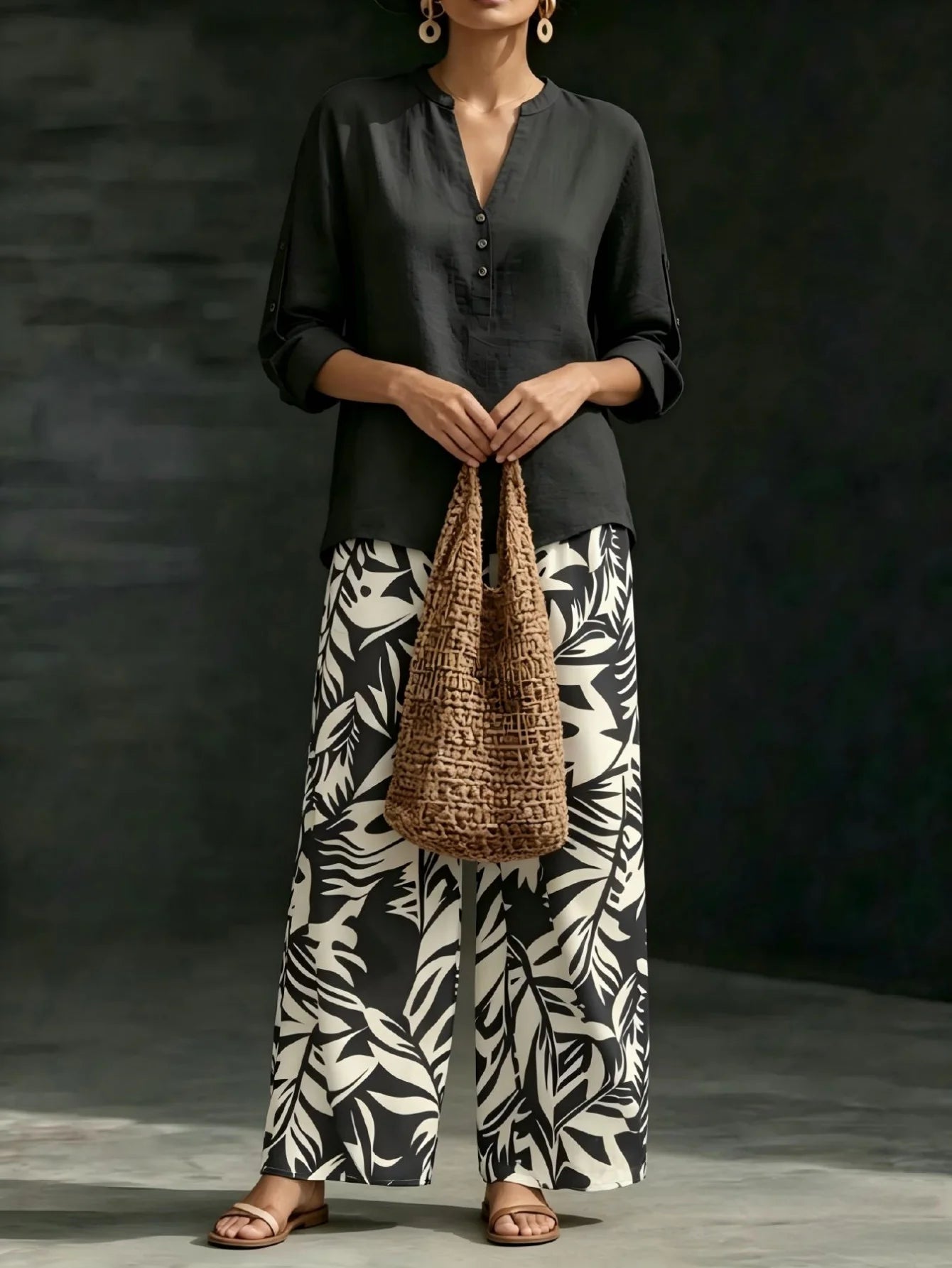 Women 2 Piece Outfit Notched V‑Neck Button Blouse Top Leaf Print Elastic Waist Wide Leg Pants Set Casual Holiday Boho Vacation Outfit With Pockets