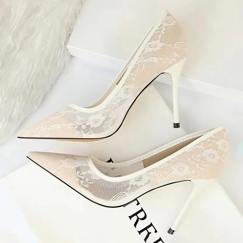 BIGTREE Shoes Mesh Hollow Lace Woman Pumps 2026 Spring Women Heels Sexy Party Shoes Thin Stiletto Heels Women Shoes 6 Colour