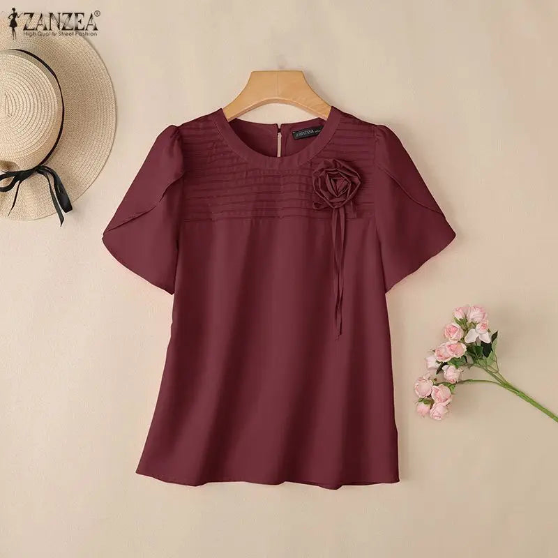 ZANZEA Summer Women Blouse Short Sleeve Elegant Flower Pleated O Neck Casual OL Work Tunic Tops Casual Blusas Streetwear
