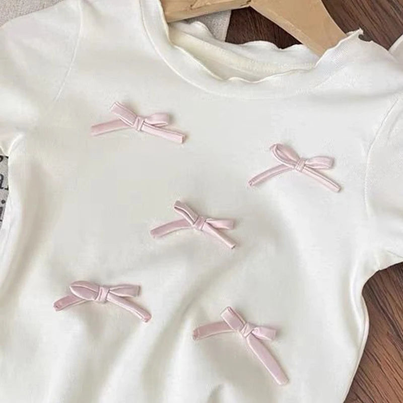 1Set Summer Girls Bow Outfit Baby Infant T-shirt+Pant Set Kids Princess Sweet Short Sleeve Set Children Wide Leg Grid Pants Suit