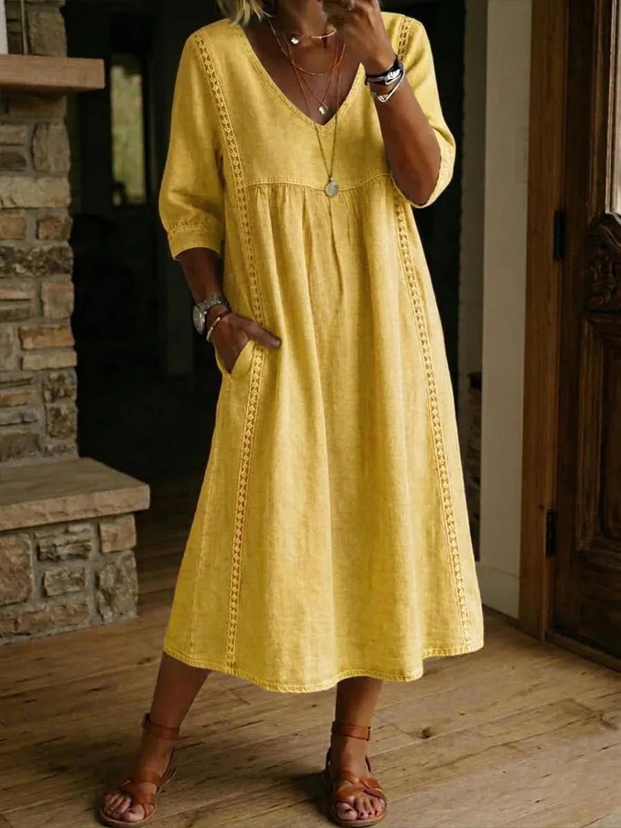 Women Summer Casual Loose V Neck Lace Splicing Midi Dress, Solid Three Quarter Sleeve Breathable Daily Vacation Dress